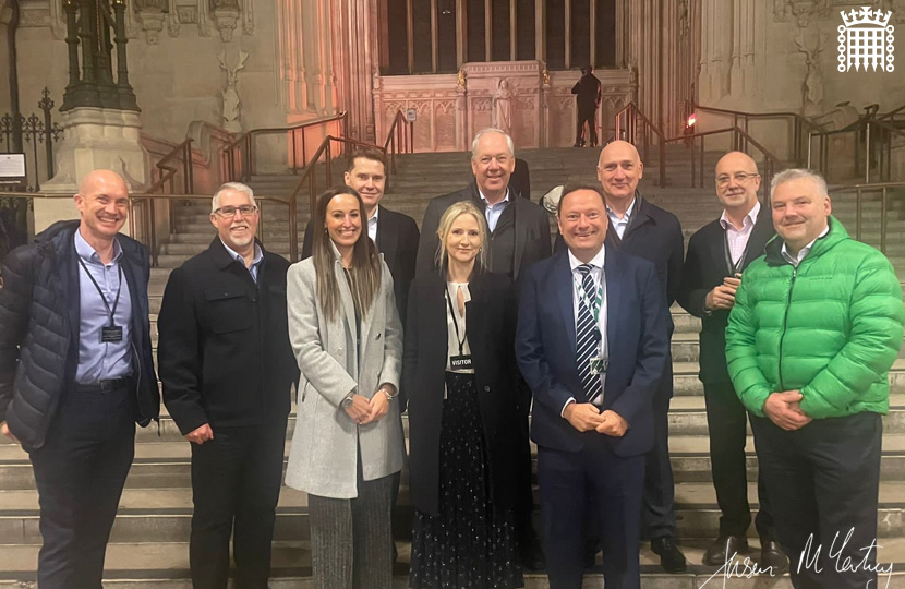 Jason McCartney MP welcomes the team from Camira Fabrics to the Houses of Parliament